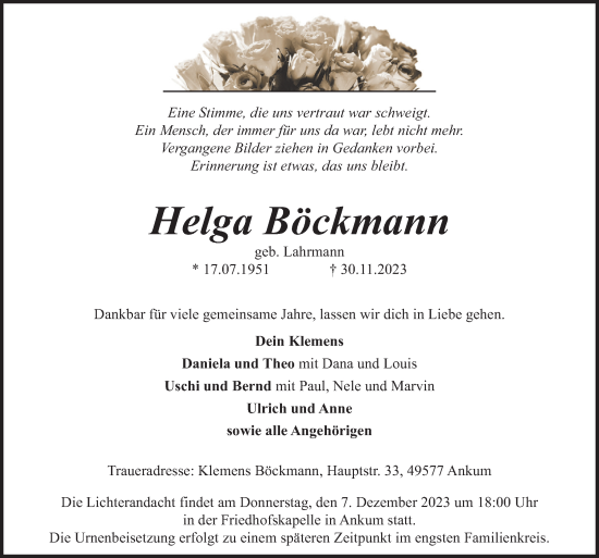 Traueranzeige von Helga Böckmann von Neue Osnabrücker Zeitung GmbH & Co. KG