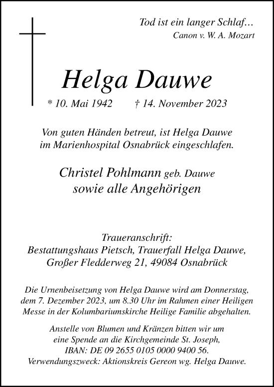 Traueranzeige von Helga Dauwe von Neue Osnabrücker Zeitung GmbH & Co. KG