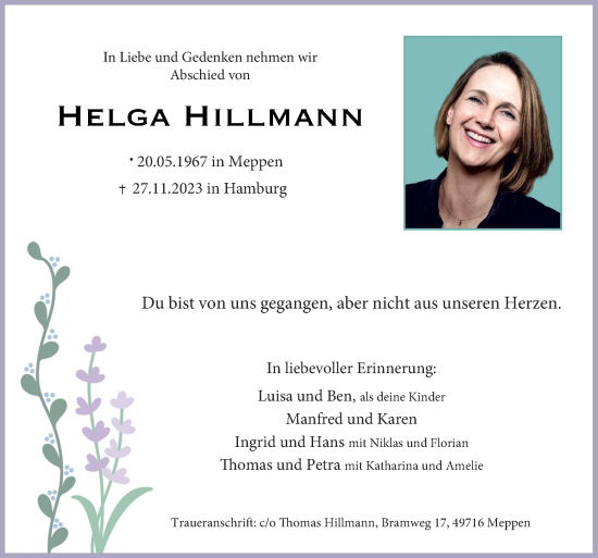 Traueranzeige von Helga Hillmann von Neue Osnabrücker Zeitung GmbH & Co. KG