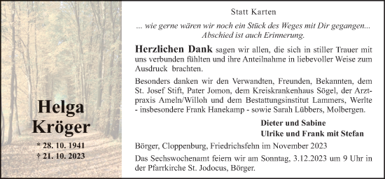 Traueranzeige von Helga Kröger von Neue Osnabrücker Zeitung GmbH & Co. KG