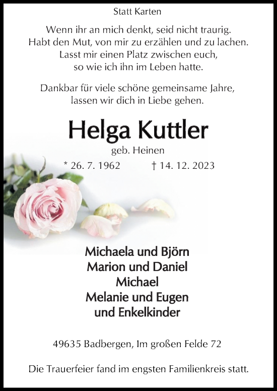 Traueranzeige von Helga Kuttler von Neue Osnabrücker Zeitung GmbH & Co. KG