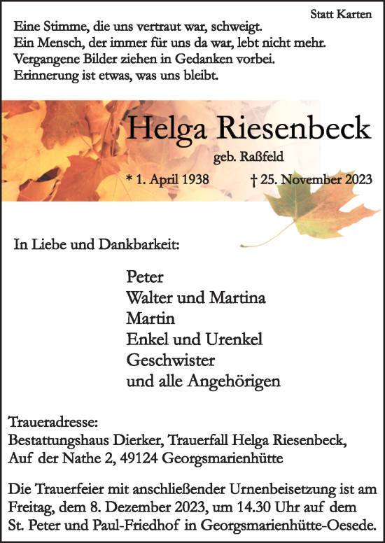 Traueranzeige von Helga Riesenbeck von Neue Osnabrücker Zeitung GmbH & Co. KG