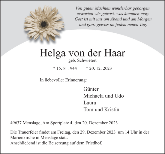 Traueranzeige von Helga von der Haar von Neue Osnabrücker Zeitung GmbH & Co. KG