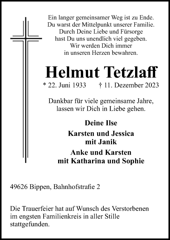 Traueranzeige von Helmut Tetzlaff von Neue Osnabrücker Zeitung GmbH & Co. KG