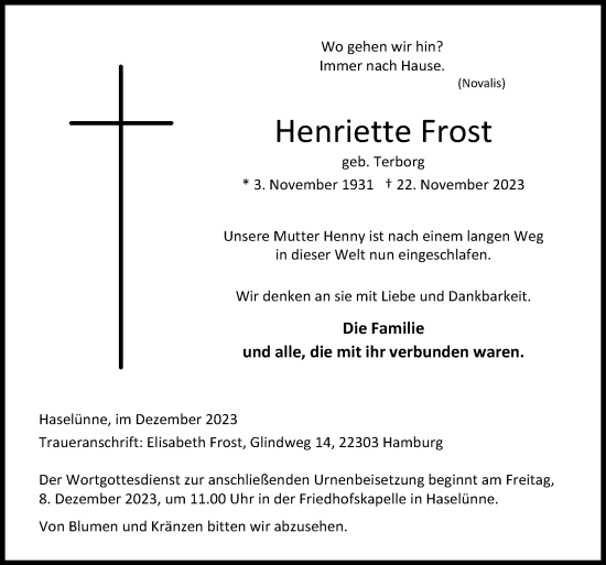 Traueranzeige von Henriette Frost von Neue Osnabrücker Zeitung GmbH & Co. KG