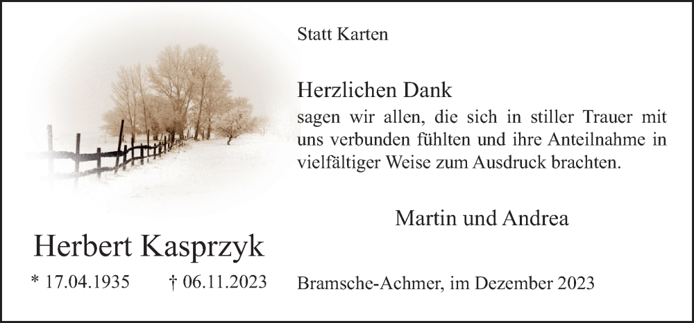  Traueranzeige für Herbert Kasprzyk vom 16.12.2023 aus Neue Osnabrücker Zeitung GmbH & Co. KG