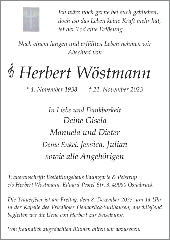 Traueranzeige von Herbert Wöstmann von Neue Osnabrücker Zeitung GmbH & Co. KG