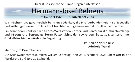 Traueranzeige von Hermann-Josef Behrens von Neue Osnabrücker Zeitung GmbH & Co. KG