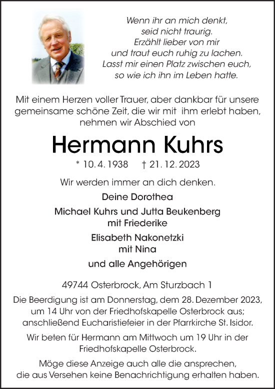 Traueranzeige von Hermann Kuhrs von Neue Osnabrücker Zeitung GmbH & Co. KG