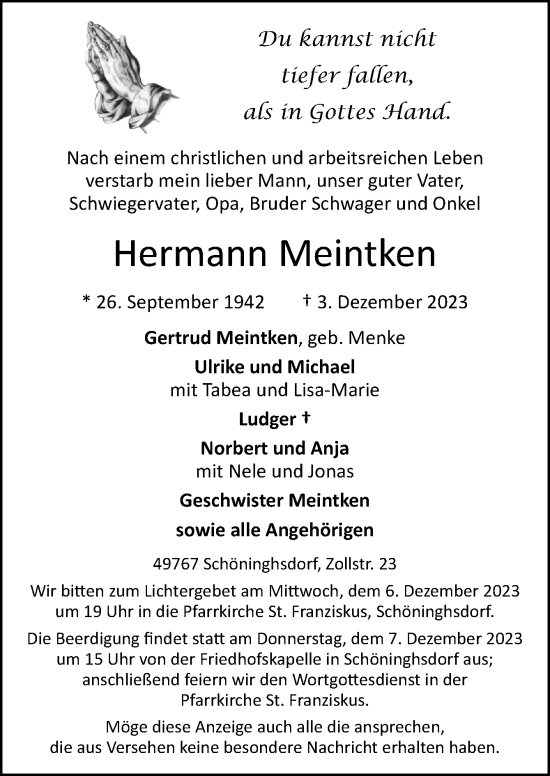 Traueranzeige von Hermann Meintken von Neue Osnabrücker Zeitung GmbH & Co. KG