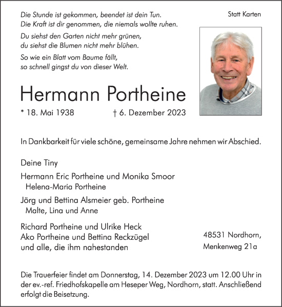 Traueranzeige von Hermann Portheine von Neue Osnabrücker Zeitung GmbH & Co. KG