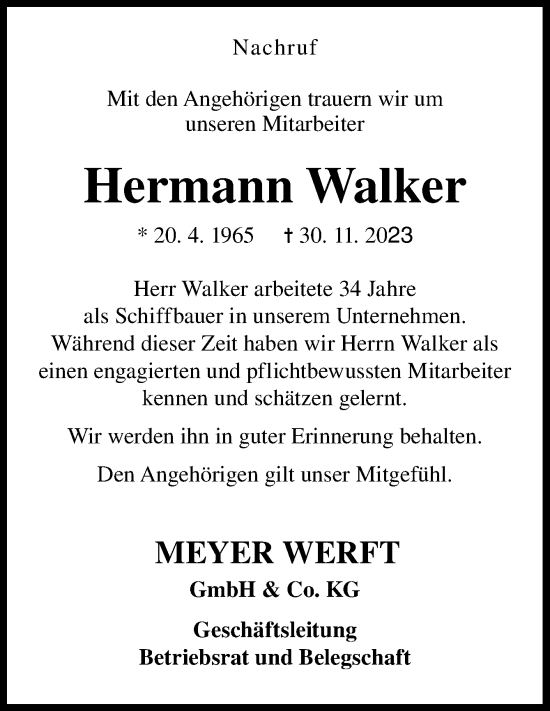 Traueranzeige von Hermann Walker von Neue Osnabrücker Zeitung GmbH & Co. KG