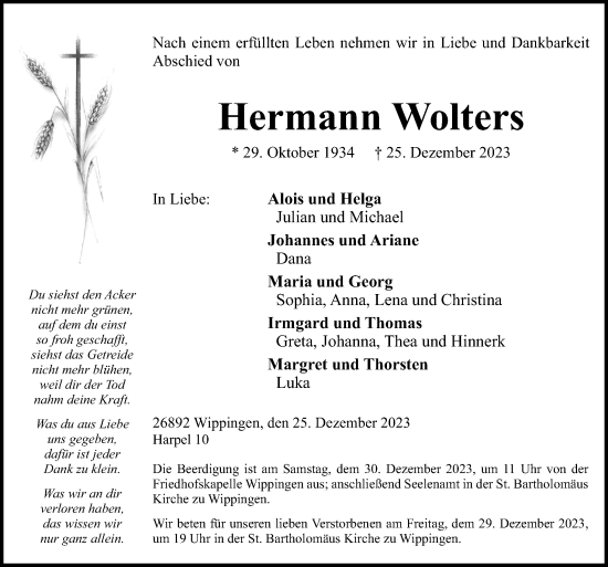 Traueranzeige von Hermann Wolters von Neue Osnabrücker Zeitung GmbH & Co. KG