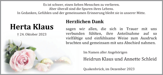 Traueranzeige von Herta Klaus von Neue Osnabrücker Zeitung GmbH & Co. KG