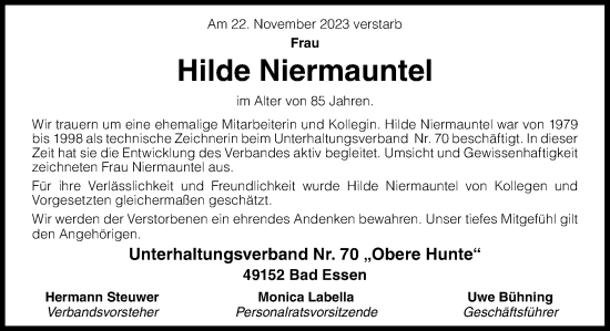 Traueranzeige von Hilde Niermauntel von Neue Osnabrücker Zeitung GmbH & Co. KG