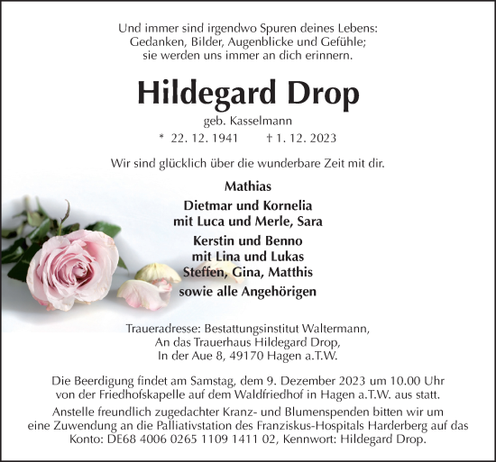 Traueranzeige von Hildegard Drop von Neue Osnabrücker Zeitung GmbH & Co. KG