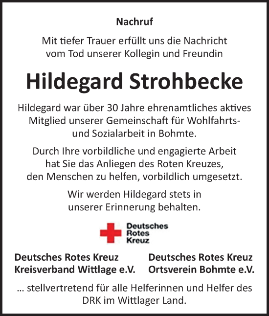 Traueranzeige von Hildegard Strohbecke von Neue Osnabrücker Zeitung GmbH & Co. KG