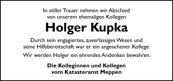 Traueranzeige von Holger Kupka von Neue Osnabrücker Zeitung GmbH & Co. KG