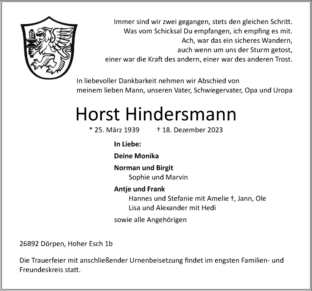  Traueranzeige für Horst Hindersmann vom 20.12.2023 aus Neue Osnabrücker Zeitung GmbH & Co. KG