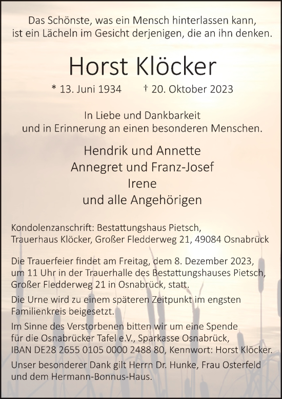 Traueranzeige von Horst Klöcker von Neue Osnabrücker Zeitung GmbH & Co. KG
