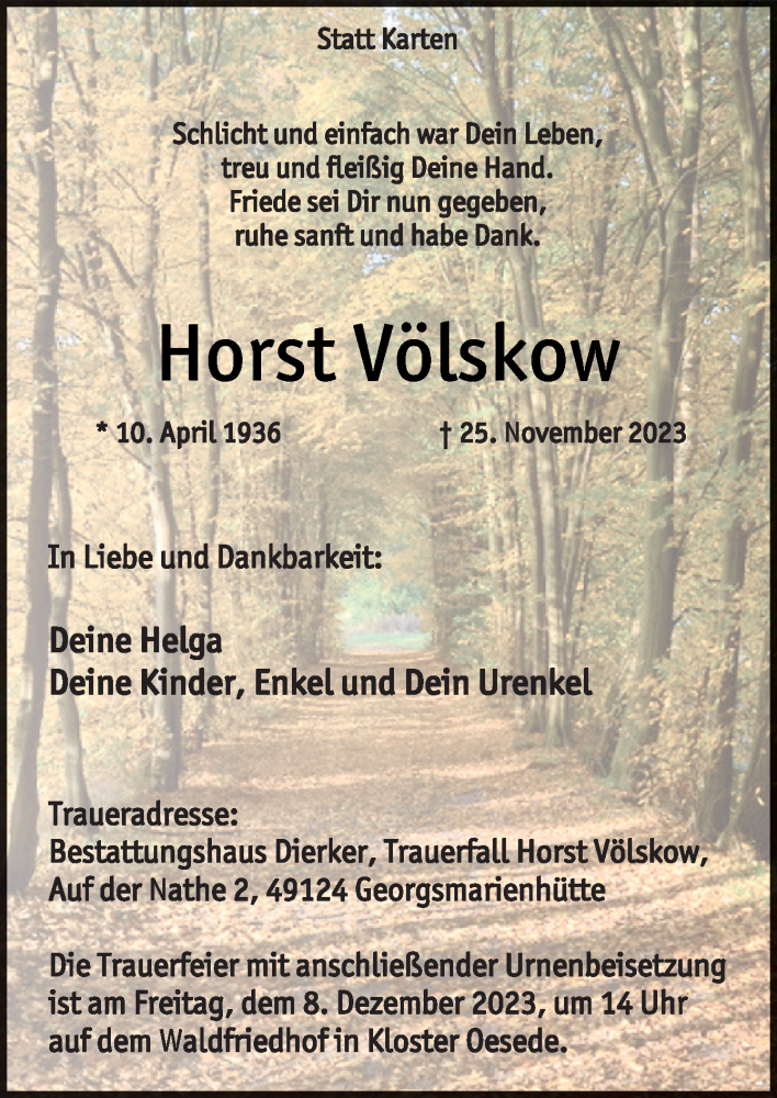  Traueranzeige für Horst Völskow vom 02.12.2023 aus Neue Osnabrücker Zeitung GmbH & Co. KG