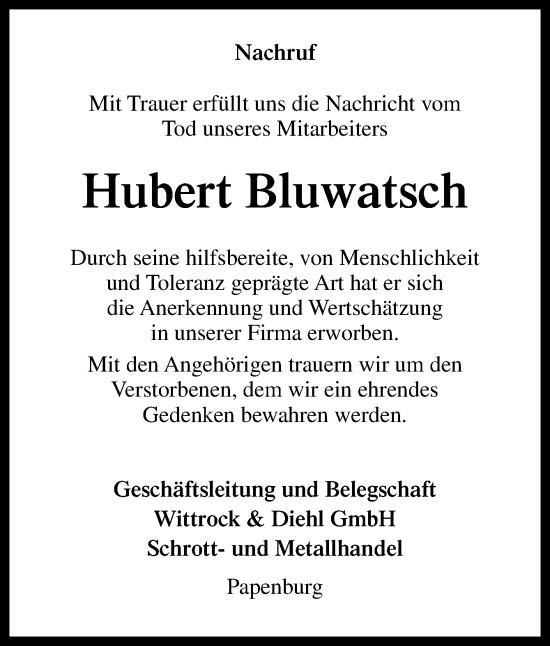 Traueranzeige von Hubert Bluwatsch von Neue Osnabrücker Zeitung GmbH & Co. KG