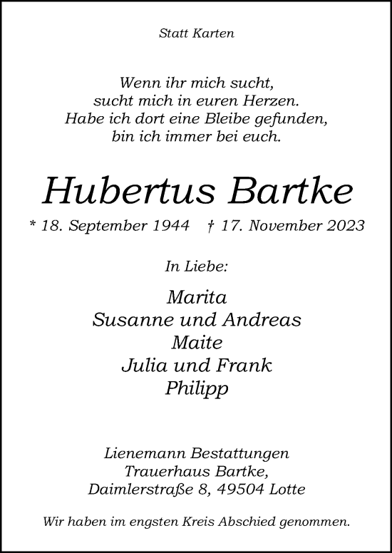 Traueranzeige von Hubertus Bartke von Neue Osnabrücker Zeitung GmbH & Co. KG