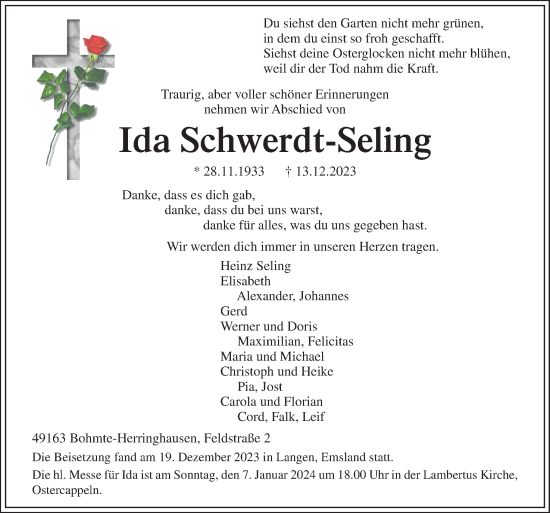 Traueranzeige von Ida Schwerdt-Seling von Neue Osnabrücker Zeitung GmbH & Co. KG