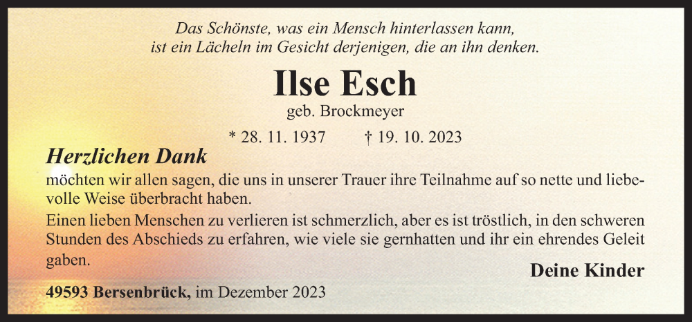  Traueranzeige für Ilse Esch vom 02.12.2023 aus Neue Osnabrücker Zeitung GmbH & Co. KG
