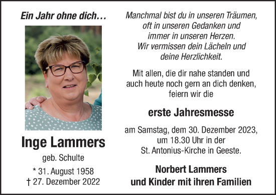 Traueranzeige von Inge Lammers von Neue Osnabrücker Zeitung GmbH & Co. KG