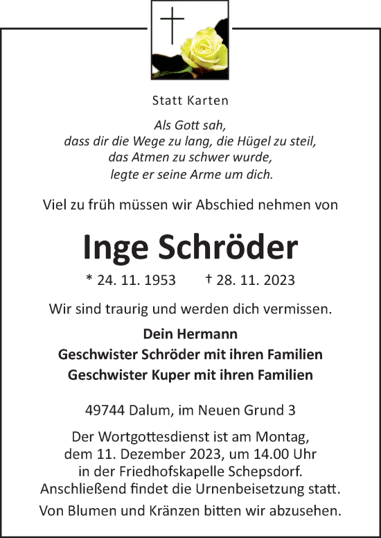 Traueranzeige von Inge Schröder von Neue Osnabrücker Zeitung GmbH & Co. KG