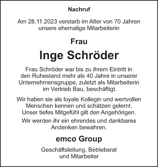 Traueranzeige von Inge Schröder von Neue Osnabrücker Zeitung GmbH & Co. KG