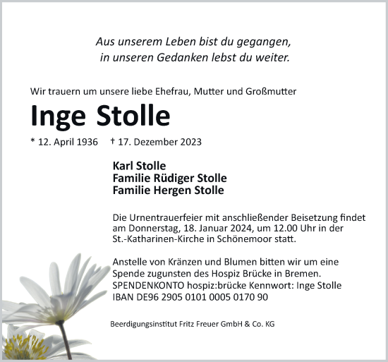 Traueranzeige von Inge Stolle von DK Medien GmbH & Co. KG