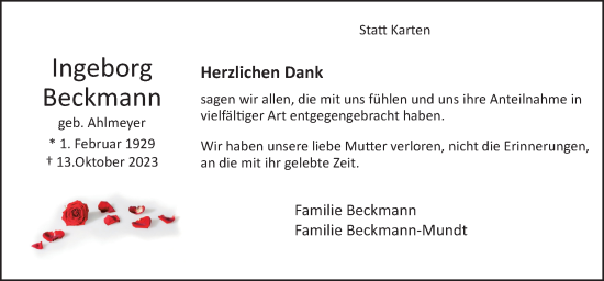 Traueranzeige von Ingeborg Beckmann von Neue Osnabrücker Zeitung GmbH & Co. KG