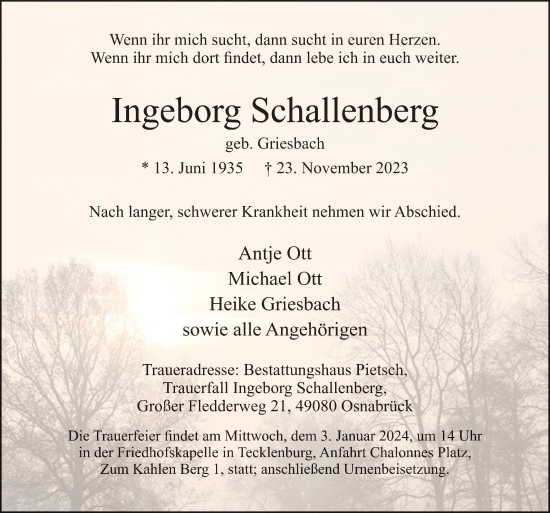Traueranzeige von Ingeborg Schallenberg von Neue Osnabrücker Zeitung GmbH & Co. KG