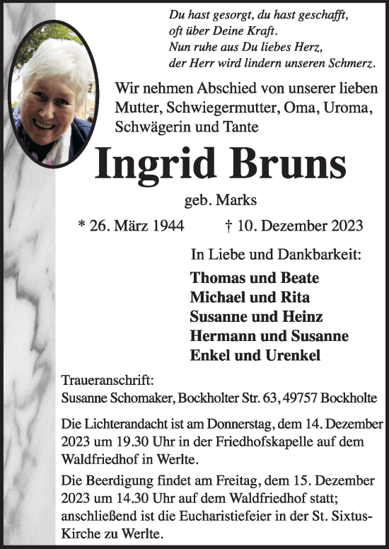 Traueranzeige von Ingrid Bruns von Neue Osnabrücker Zeitung GmbH & Co. KG