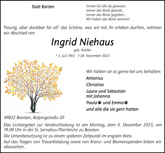 Traueranzeige von Ingrid Niehaus von Neue Osnabrücker Zeitung GmbH & Co. KG
