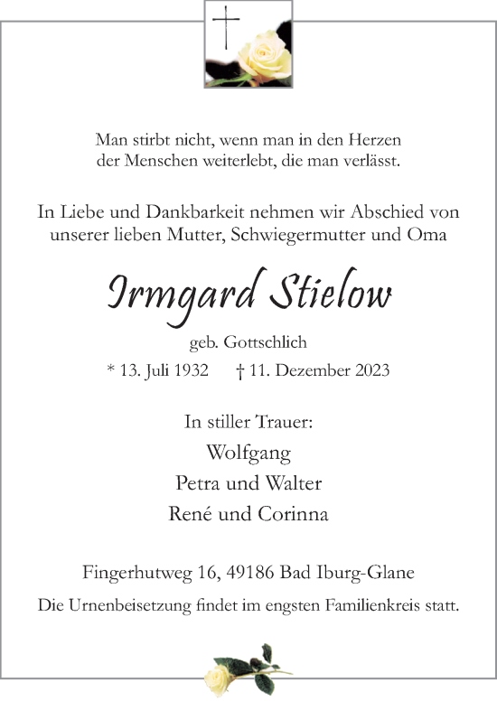 Traueranzeige von Irmgard Stielow von Neue Osnabrücker Zeitung GmbH & Co. KG