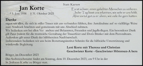 Traueranzeige von Jan Korte von Neue Osnabrücker Zeitung GmbH & Co. KG