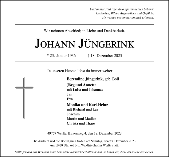 Traueranzeige von Johann Jüngerink von Neue Osnabrücker Zeitung GmbH & Co. KG