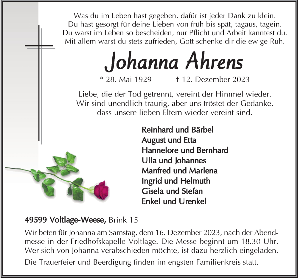 Traueranzeige für Johanna Ahrens vom 15.12.2023 aus Neue Osnabrücker Zeitung GmbH & Co. KG