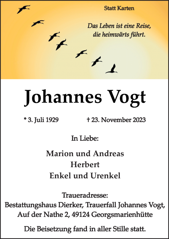 Traueranzeige von Johannes Vogt von Neue Osnabrücker Zeitung GmbH & Co. KG