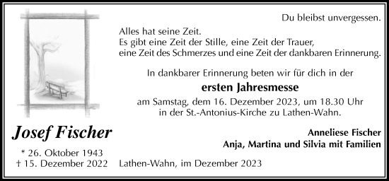 Traueranzeige von Josef Fischer von Neue Osnabrücker Zeitung GmbH & Co. KG