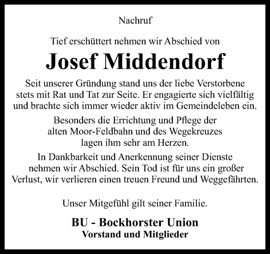 Traueranzeige von Josef Middendorf von Neue Osnabrücker Zeitung GmbH & Co. KG