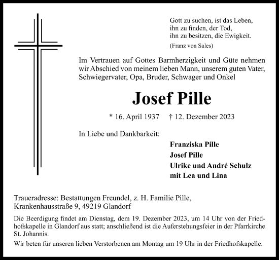 Traueranzeige von Josef Pille von Neue Osnabrücker Zeitung GmbH & Co. KG