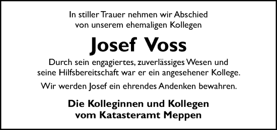 Traueranzeige von Josef Voss von Neue Osnabrücker Zeitung GmbH & Co. KG