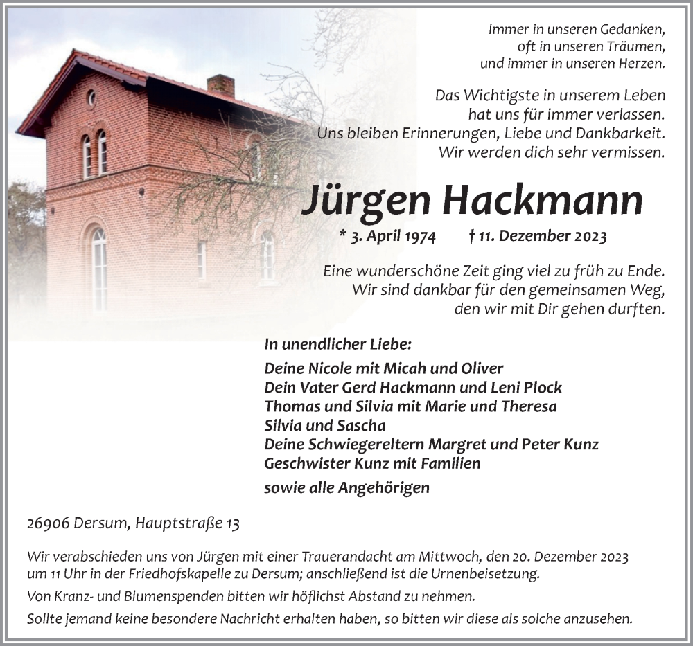 Traueranzeige für Jürgen Hackmann vom 13.12.2023 aus Neue Osnabrücker Zeitung GmbH & Co. KG