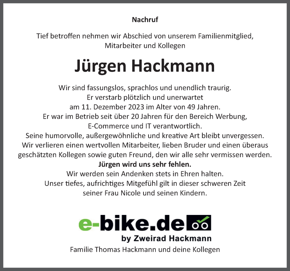  Traueranzeige für Jürgen Hackmann vom 16.12.2023 aus Neue Osnabrücker Zeitung GmbH & Co. KG