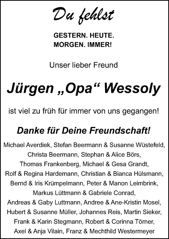  Traueranzeige für Jürgen Wessoly vom 30.12.2023 aus Neue Osnabrücker Zeitung GmbH & Co. KG