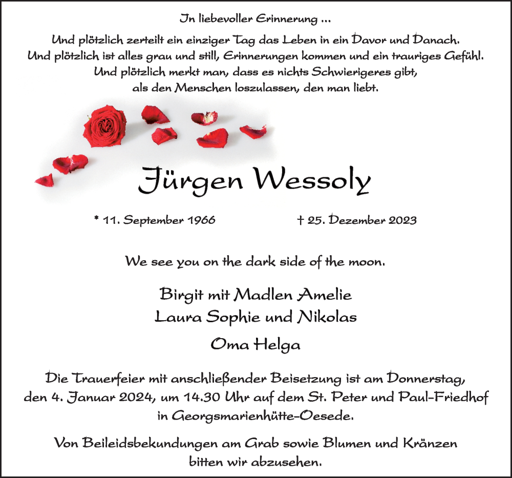  Traueranzeige für Jürgen Wessoly vom 30.12.2023 aus Neue Osnabrücker Zeitung GmbH & Co. KG